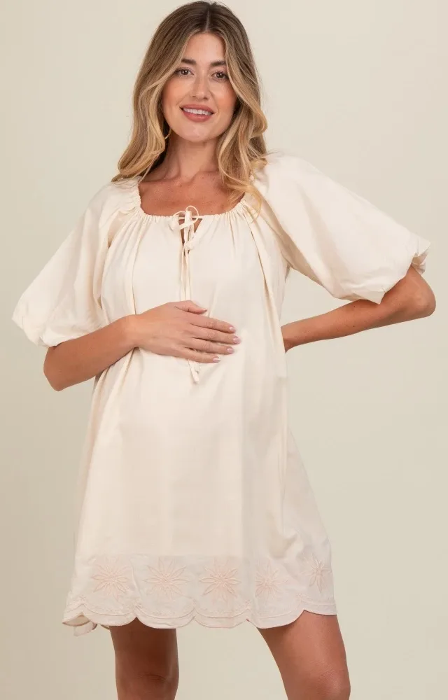 Cream Embroidered Puff Sleeve Maternity Dress