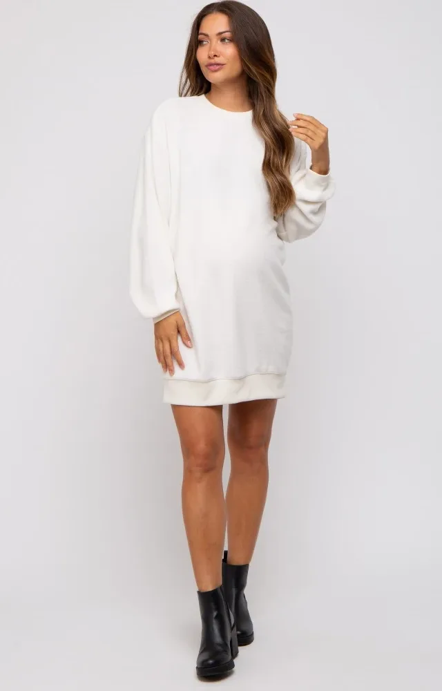 Cream Fleece Oversized Maternity Sweatshirt Mini Dress