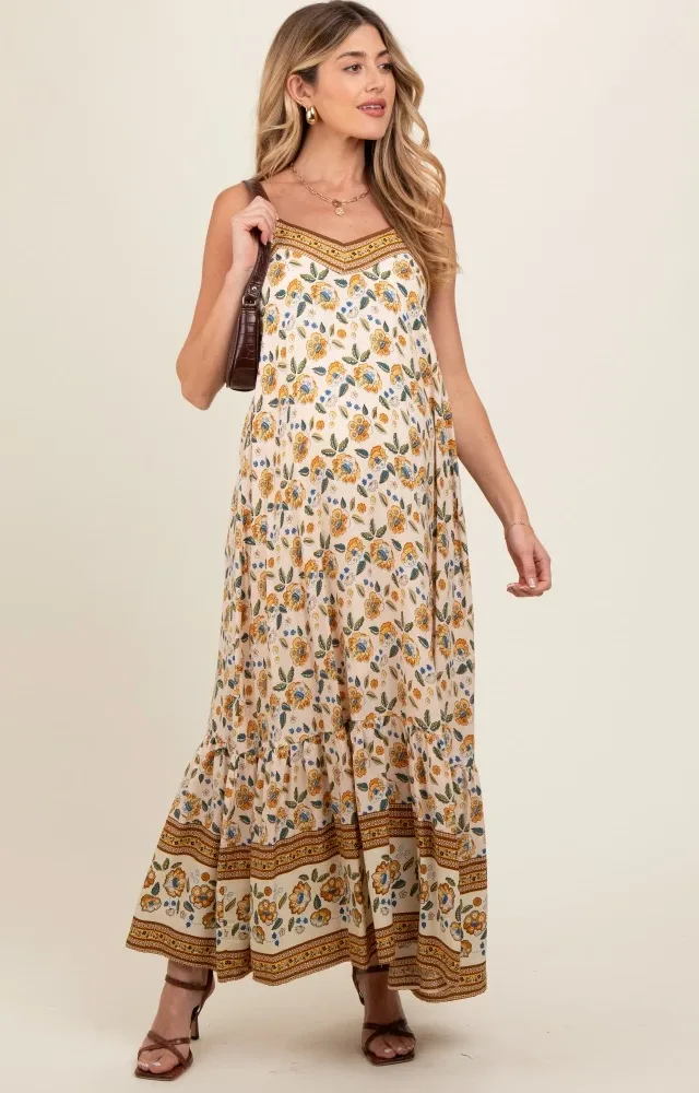 Cream Floral Border Print Lace Up Back Maternity Maxi Dress