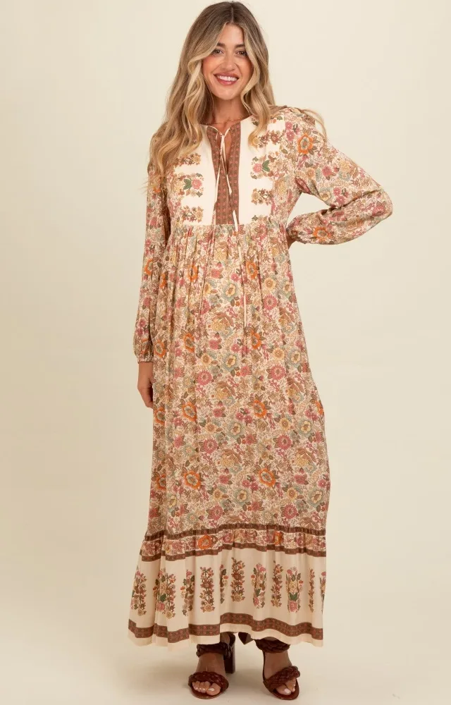 Cream Floral Border Print Maternity Maxi Dress