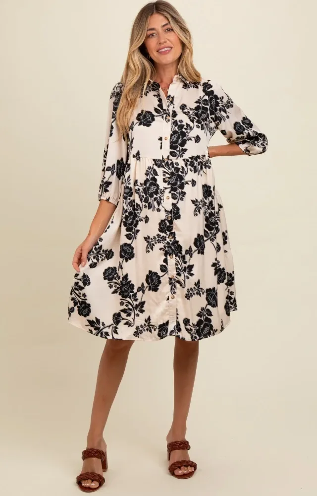 Cream Floral Button Down Collared Maternity Dress