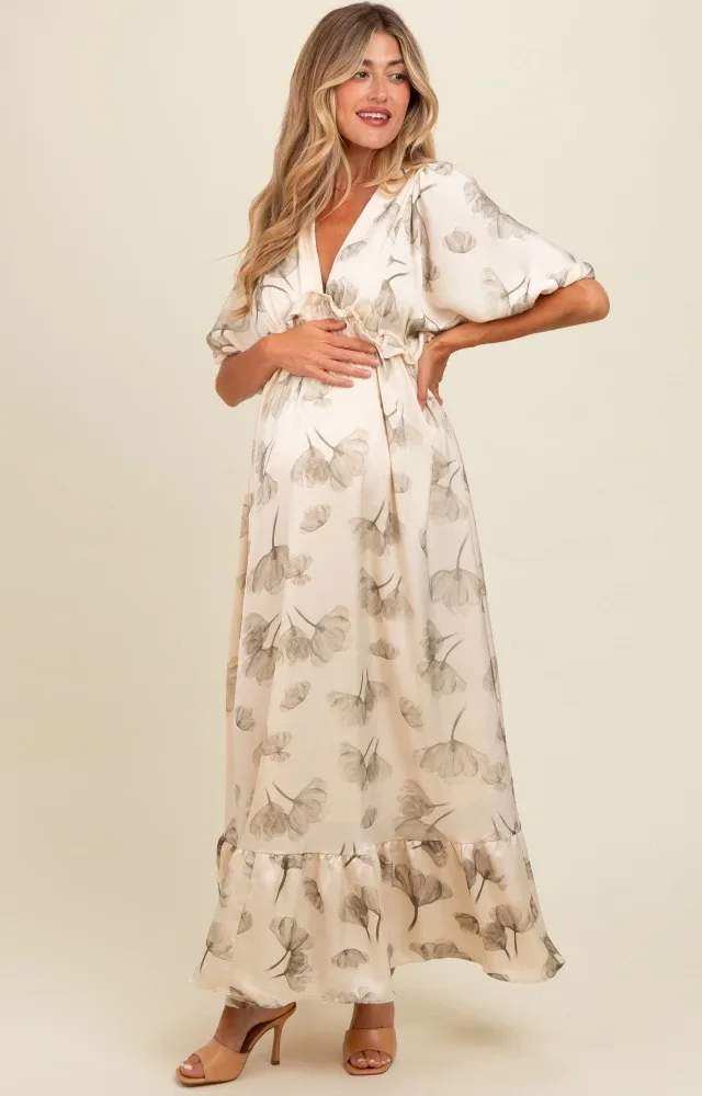 Cream Floral Chiffon Ruffle Accent Maternity Maxi Dress