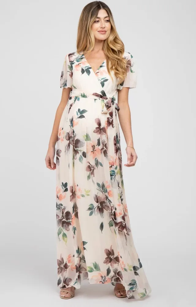 Cream Floral Chiffon Wrap Front Short Sleeve Maternity Maxi Dress