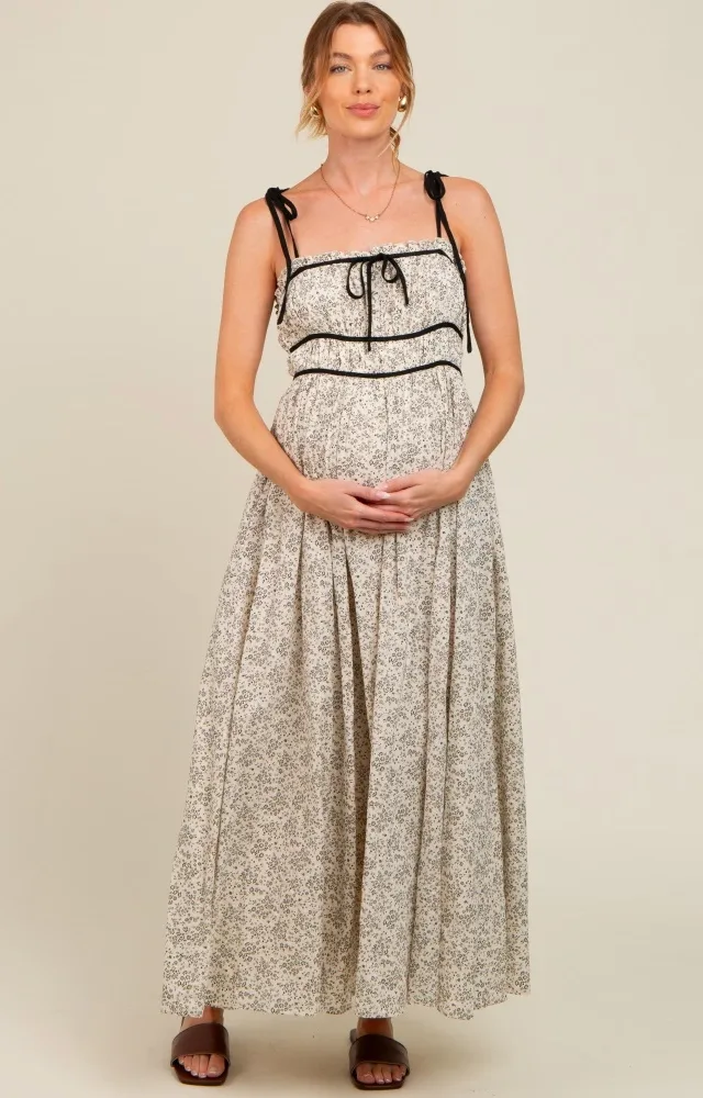 Cream Floral Contrast Ribbon Trim Maternity Maxi Dress