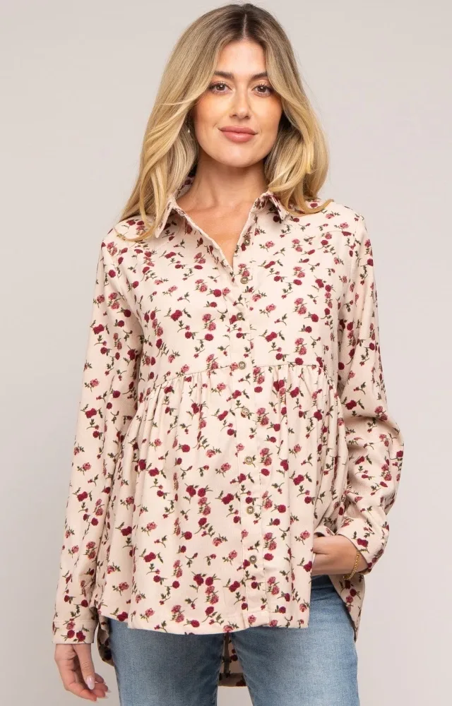 Cream Floral Corduroy Button Up Maternity Top