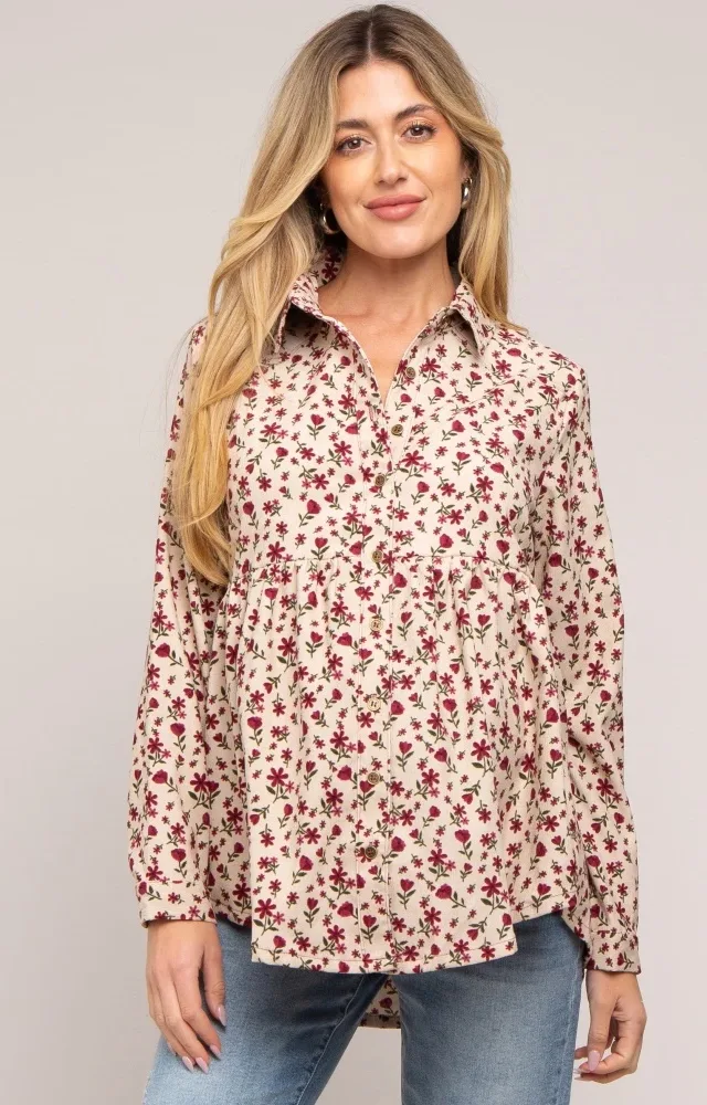 Cream Floral Corduroy Maternity Button Up Top