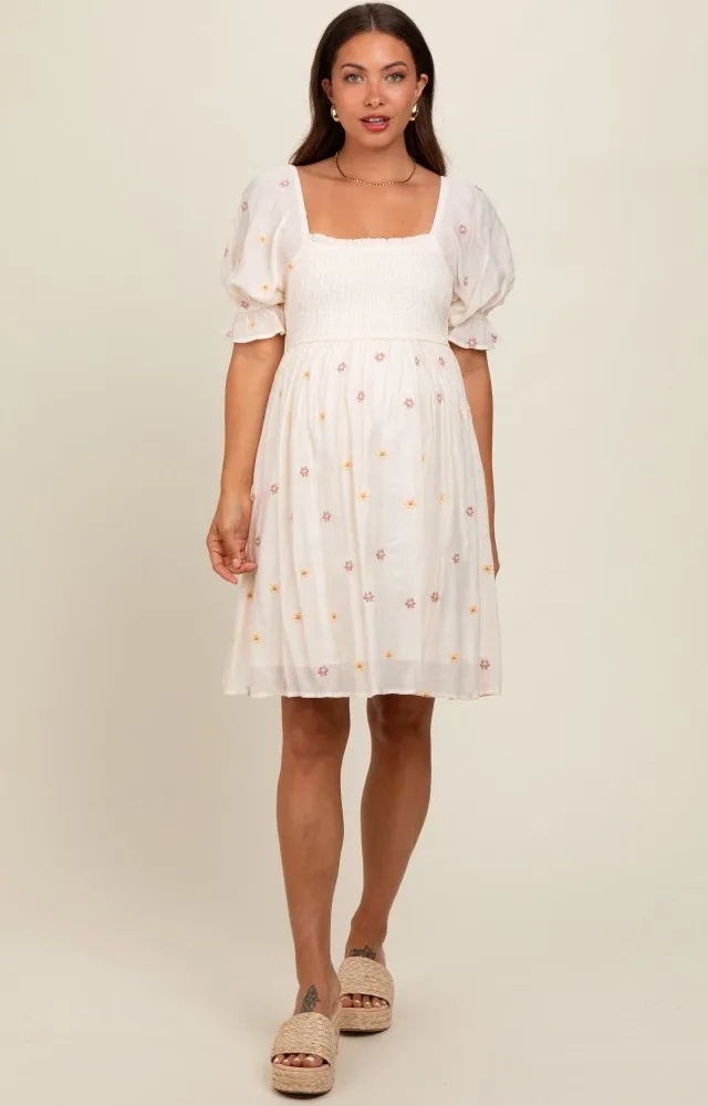 Cream Floral Embroidered Smocked Maternity Dress