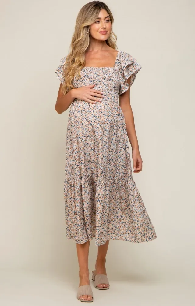 Cream Floral Flutter Maternity Midi Dress