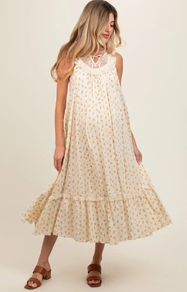 Cream Floral Lace Top Ruffle Hem Maternity Midi Dress