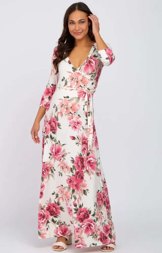 Cream Floral Maternity Wrap Maxi Dress