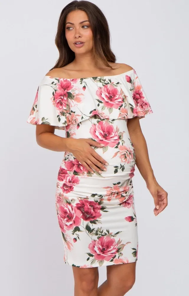 Cream Floral Off Shoulder Maternity Fitted Dress