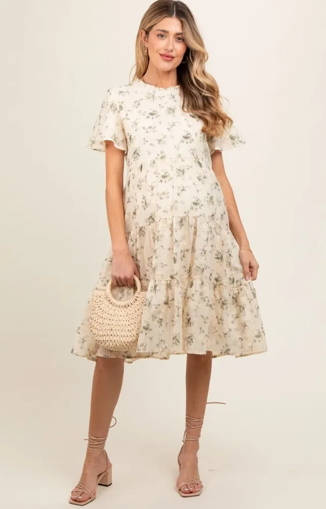 Cream Floral Print Eyelet Lace Maternity Dress