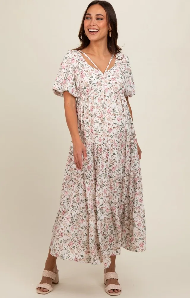 Cream Floral Ruched Strappy V-Neck Front Puff Short Sleeve Maternity Midi Dress