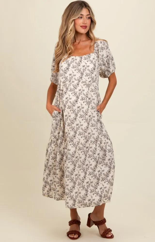 Cream Floral Ruffle Hem Maternity Midi Dress