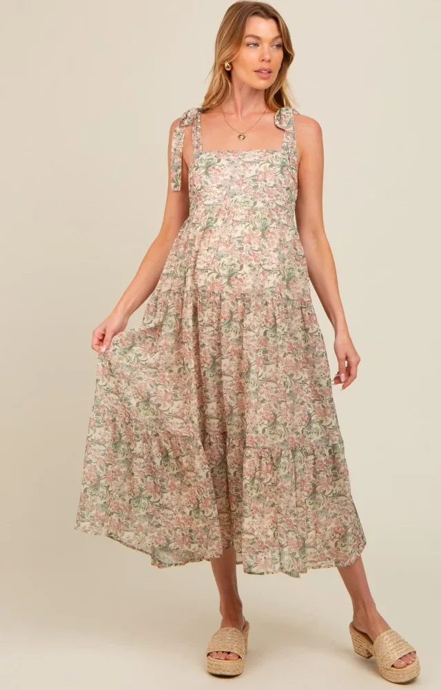 Cream Floral Shoulder Tie Tiered Maternity Maxi Dress