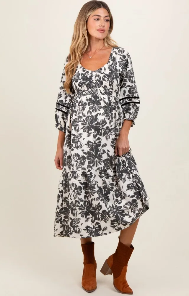 Cream Floral Smocked 3/4 Sleeve Tiered Maternity Midi Dress