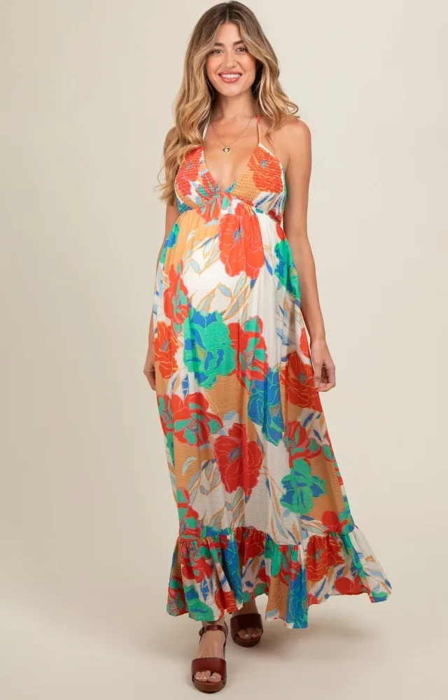 Cream Floral Smocked Halter Cutout Maternity Maxi Dress