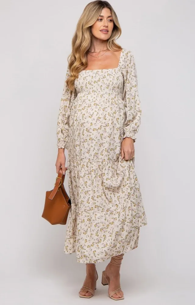 Cream Floral Smocked Long Sleeve Maternity Maxi Dress