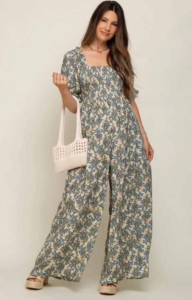 Cream Floral Smocked Maternity Jumpsuit