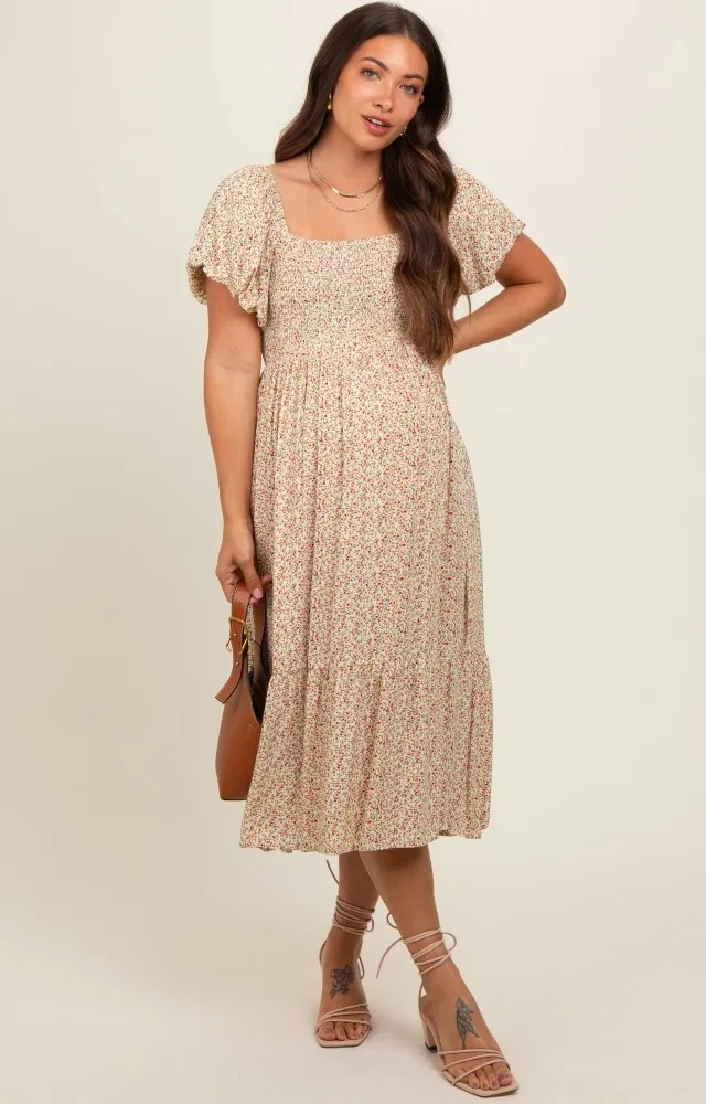 Cream Floral Smocked Maternity Midi Dress