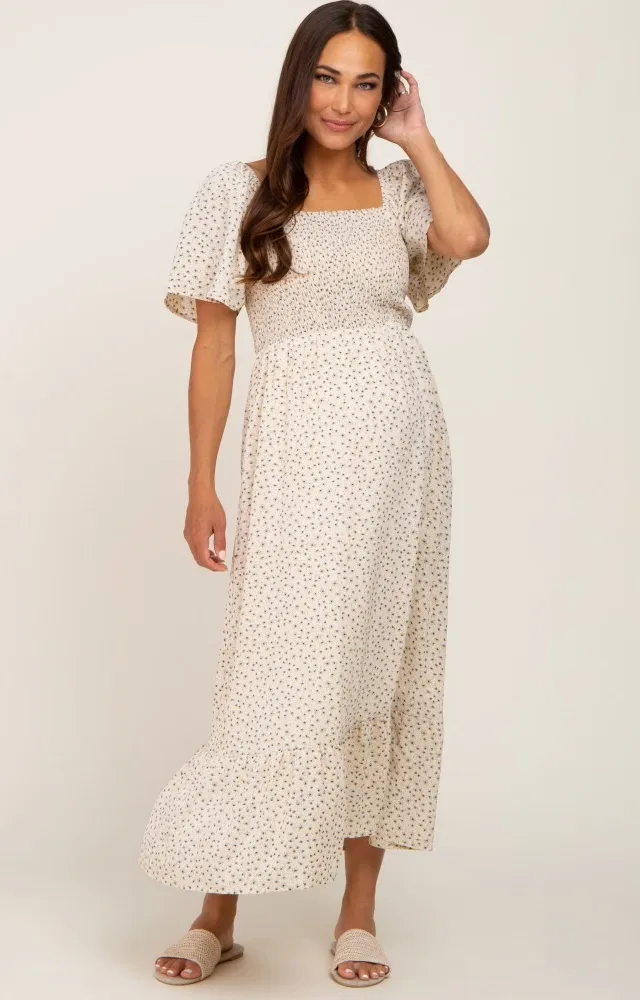 Cream Floral Smocked Maternity Midi Dress