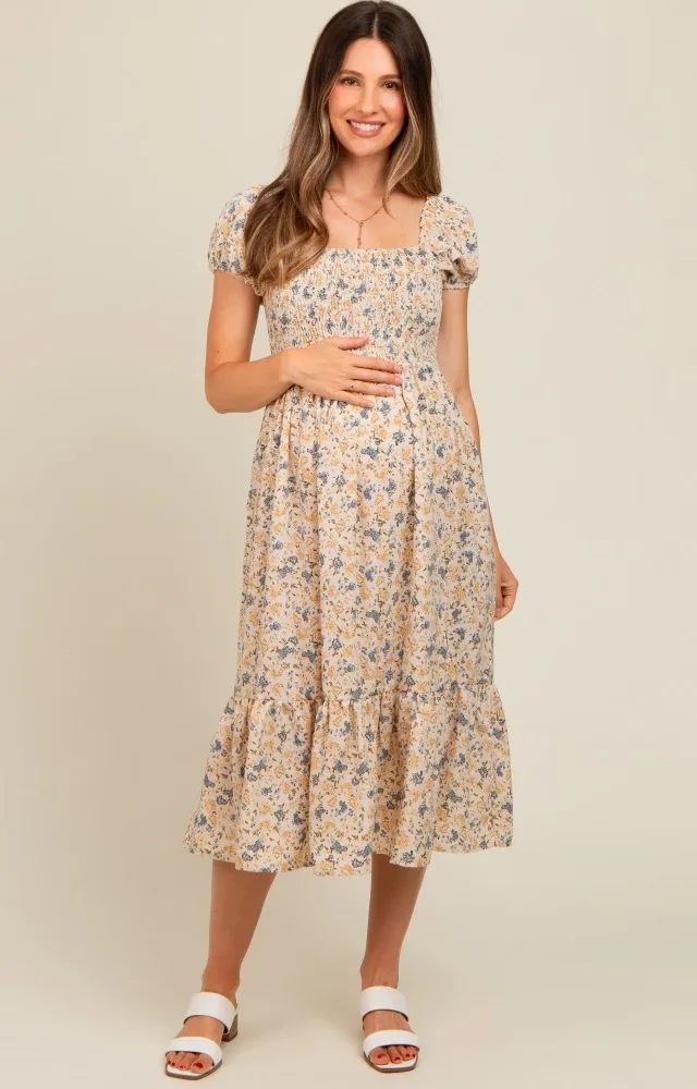 Cream Floral Smocked Ruffle Hem Maternity Midi Dress