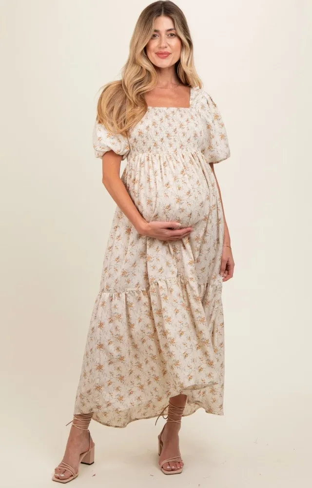 Cream Floral Smocked Square Neck Short Puff Sleeve Maternity Midi Dress