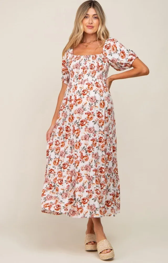 Cream Floral Smocked Square Neck Tiered Maternity Maxi Dress