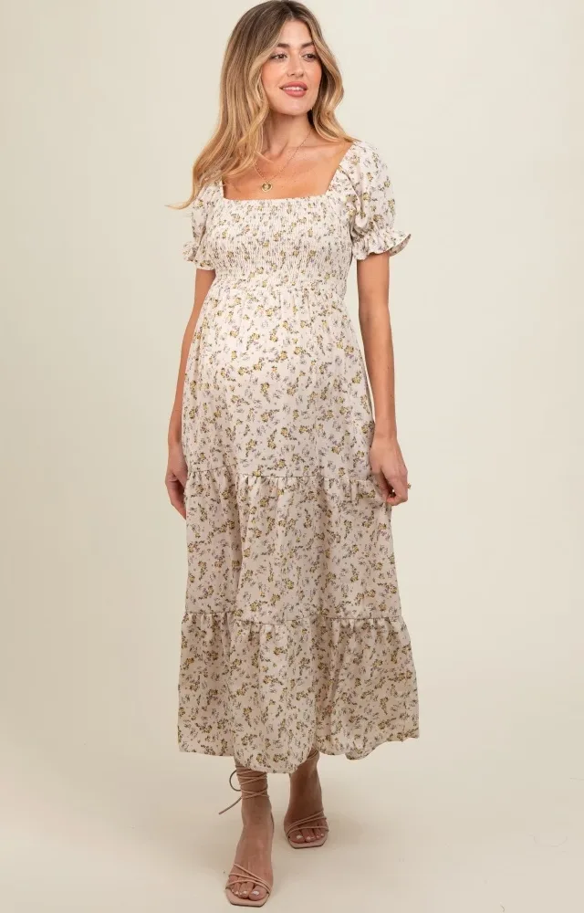 Cream Floral Smocked Square Neck Tiered Puff Short Sleeve Maternity Maxi Dress