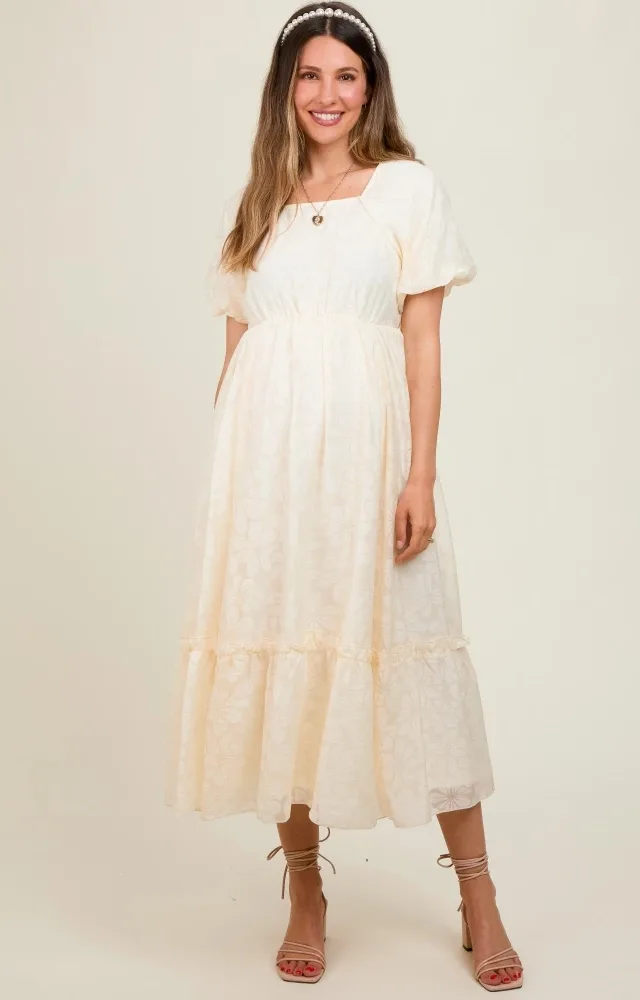 Cream Floral Square Neck Bubble Sleeve Maternity Maxi Dress