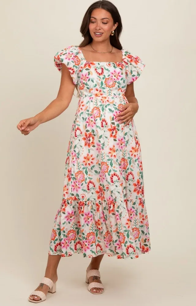 Cream Floral Square Neck Puffy Sleeves Maternity Dress