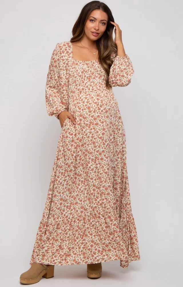 Cream Floral Square Neck Ruffle Maternity Maxi Dress