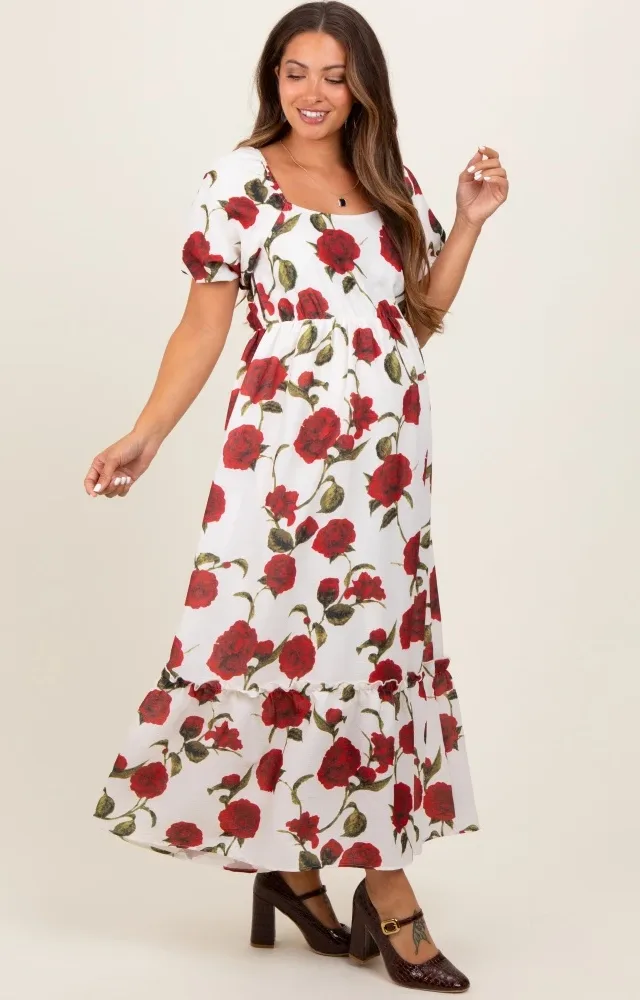 Cream Floral Square Neck Short Puff Sleeve Maternity Midi Dress