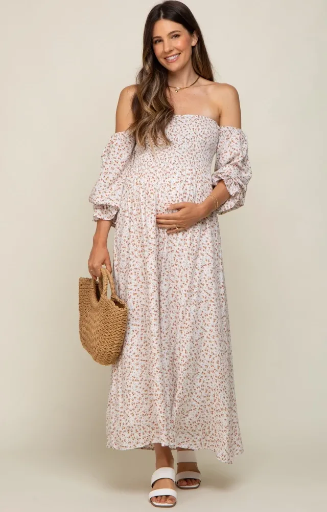 Cream Floral Square Neck Smocked Long Sleeve Maternity Maxi Dress