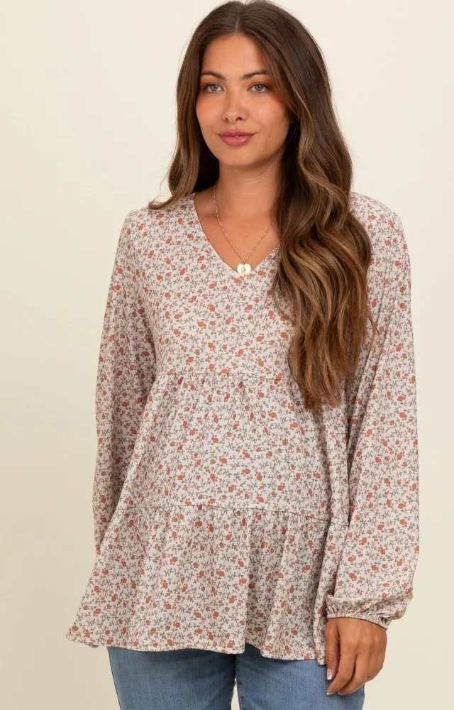 Cream Floral Tiered Long Sleeve Maternity Top