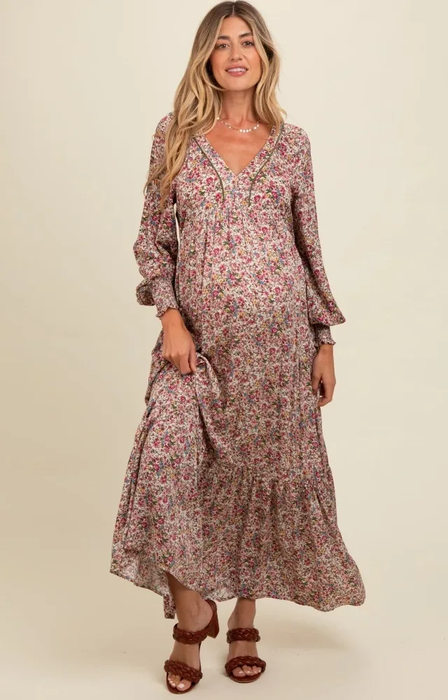 Cream Floral V-Neck Bubble Sleeve Maternity Maxi Dress