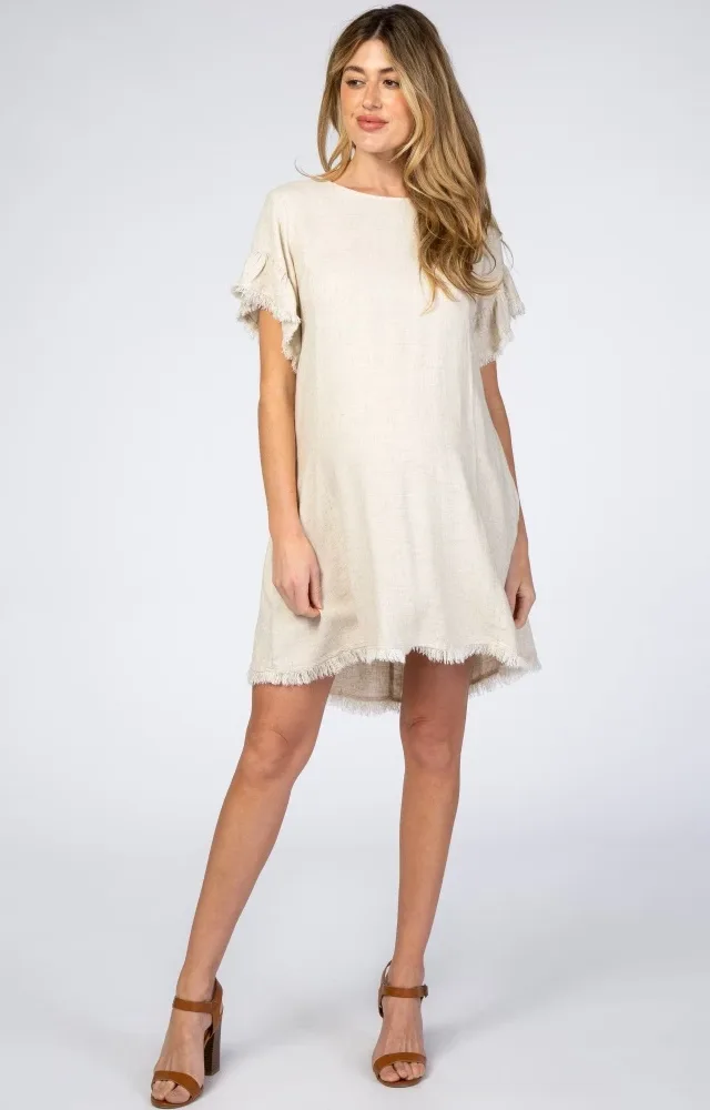 Cream Frayed Trim Back Keyhole Linen Maternity Dress