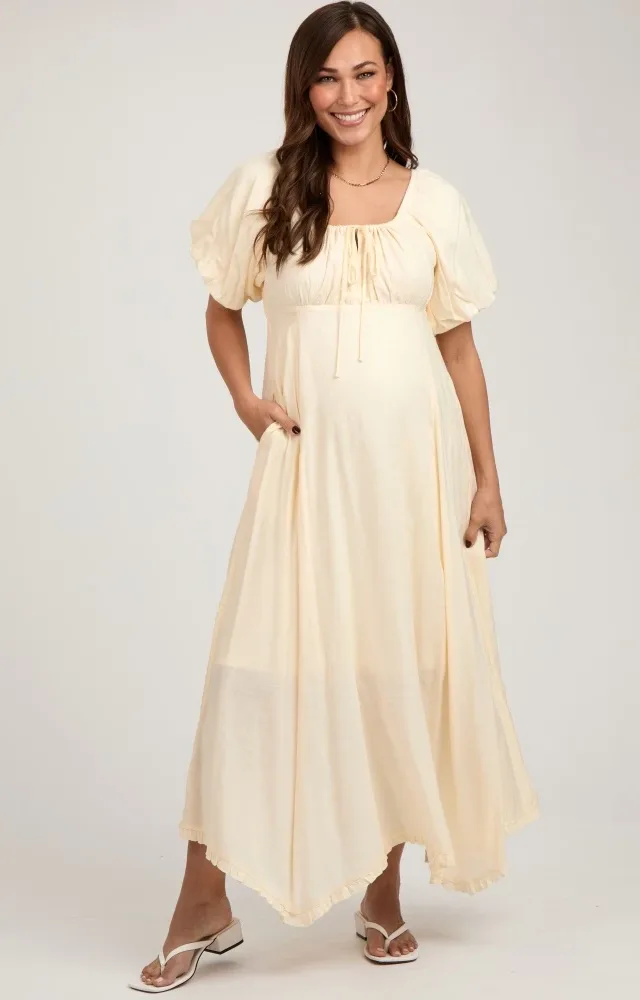 Cream Front Tie Puff Sleeve Maternity Maxi Dress