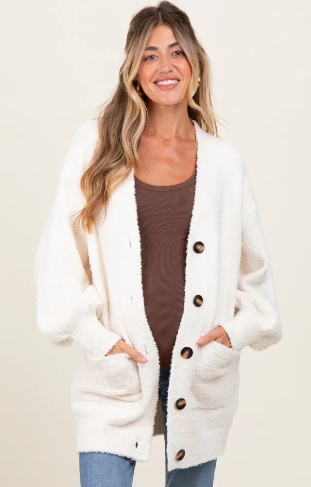 Cream Fuzzy Knit Oversized Button Up Maternity Cardigan