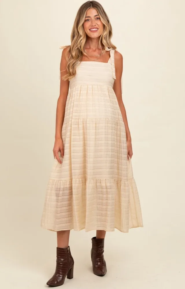 Cream Gingham Shoulder Tie Maternity Dress