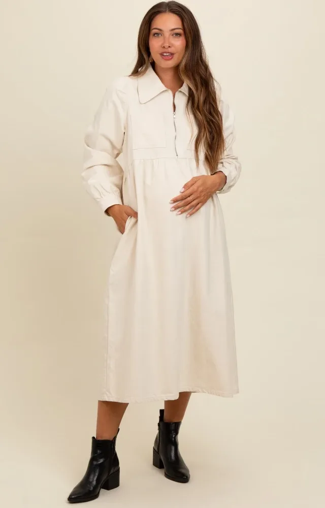 Cream Half Zip Front Pocket Collared Maternity Midi Dress