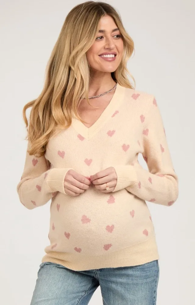 Cream Heart Print Knit Maternity Sweater