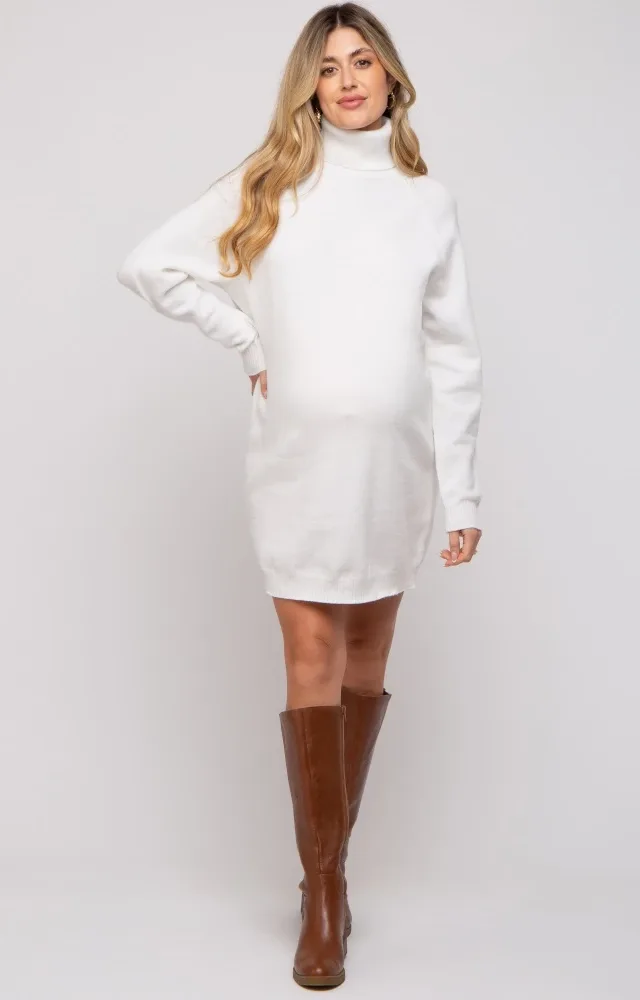 Cream Knit Turtleneck Maternity Sweater Dress