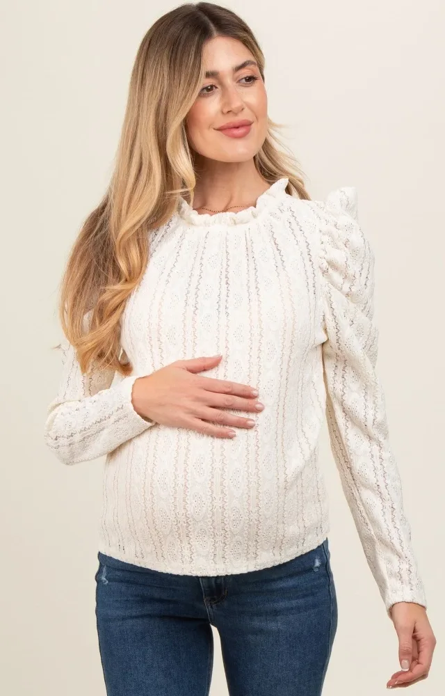 Cream Lace Ruffle Mock Neck Maternity Top