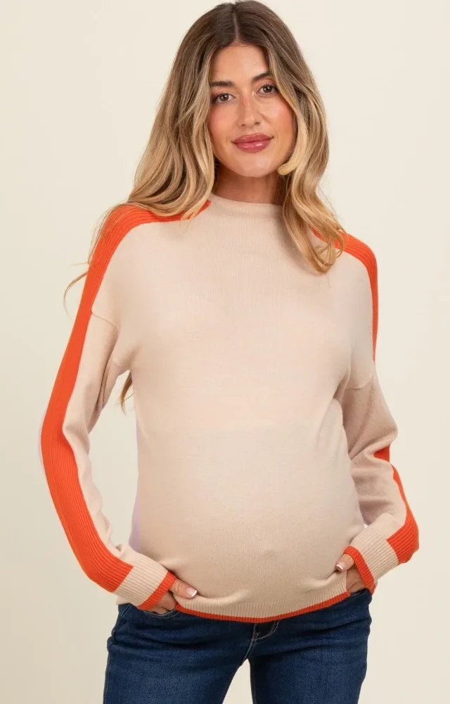 Cream Lilac Colorblock Mock Neck Maternity Sweater