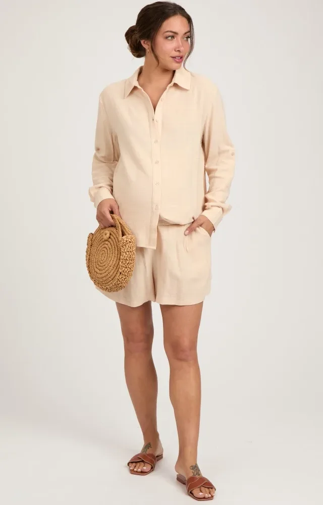 Cream Linen Button Down Long Sleeve Maternity Short Set