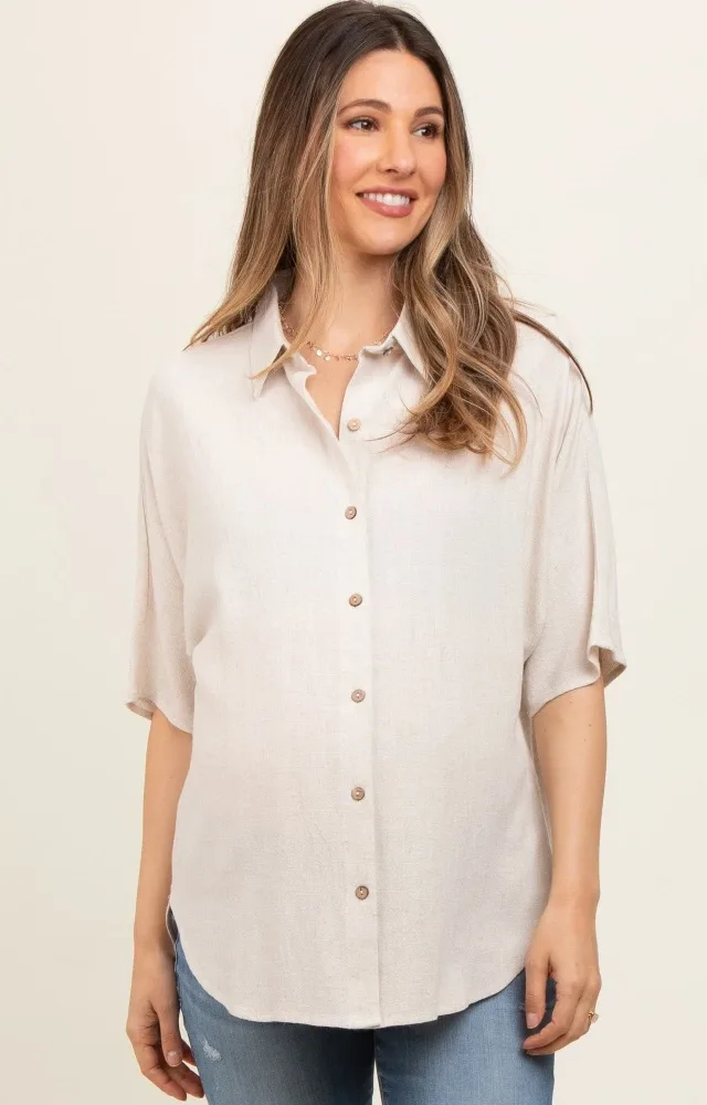 Cream Linen Dolman Half Sleeve Button Down Maternity Top