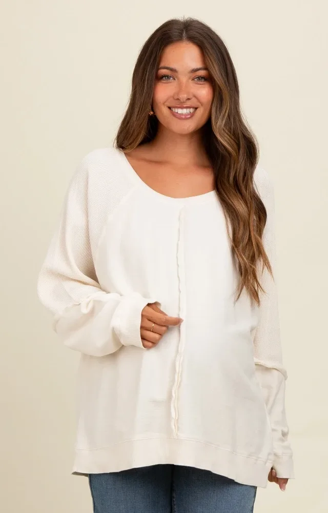 Cream Mixed Knit Raw Hem Maternity Pullover Top