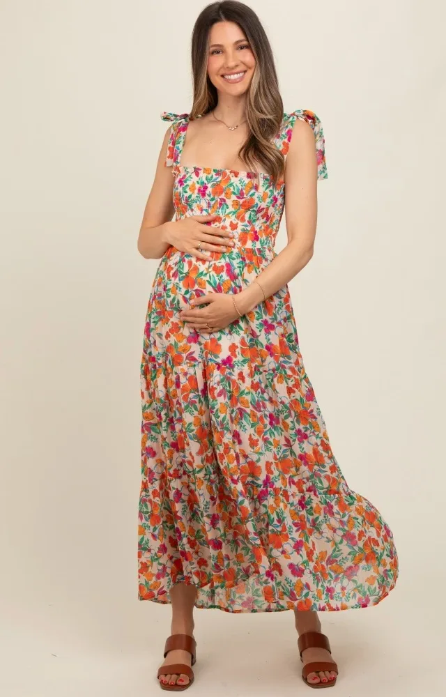 Cream Multi-Color Floral Smocked Sleeveless Maternity Maxi Dress