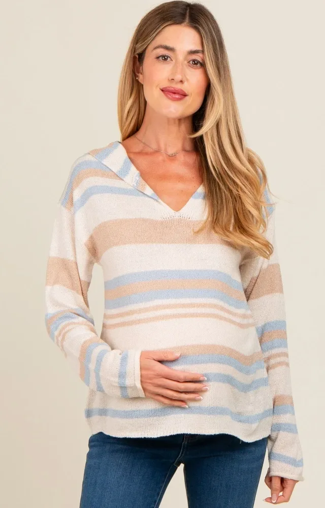 Cream Multi-Color Striped V-Neck Maternity Sweater